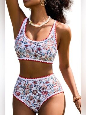 NEW-large High-Waist Bikini White & Red floral full coverage swimming padded top